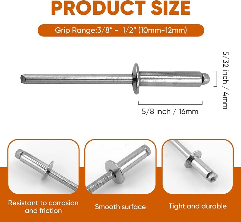 ALLCLEAN 100 Pcs 5/32"x5/8" Stainless Steel Blind Pro Rivets,4 x 16mm Pop Rivets,Stainless Steel Grip and Stainless Steel Mandrel - Image 2